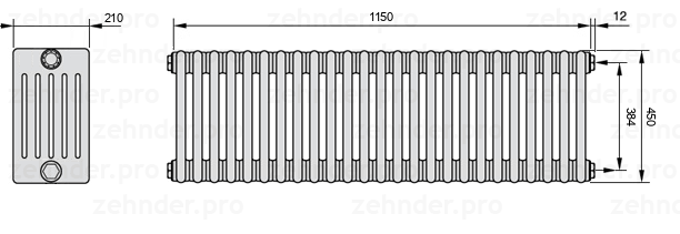 Схема (чертеж) Радиатор Zehnder Charleston 6045/25 №7610 Белый глянцевый RAL 9016